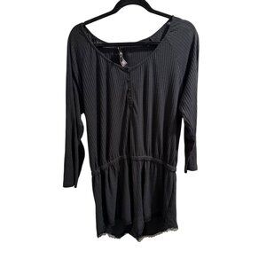 Victorias Secret Black Ribbed Button-Up Romper With Lace Hem L/XL